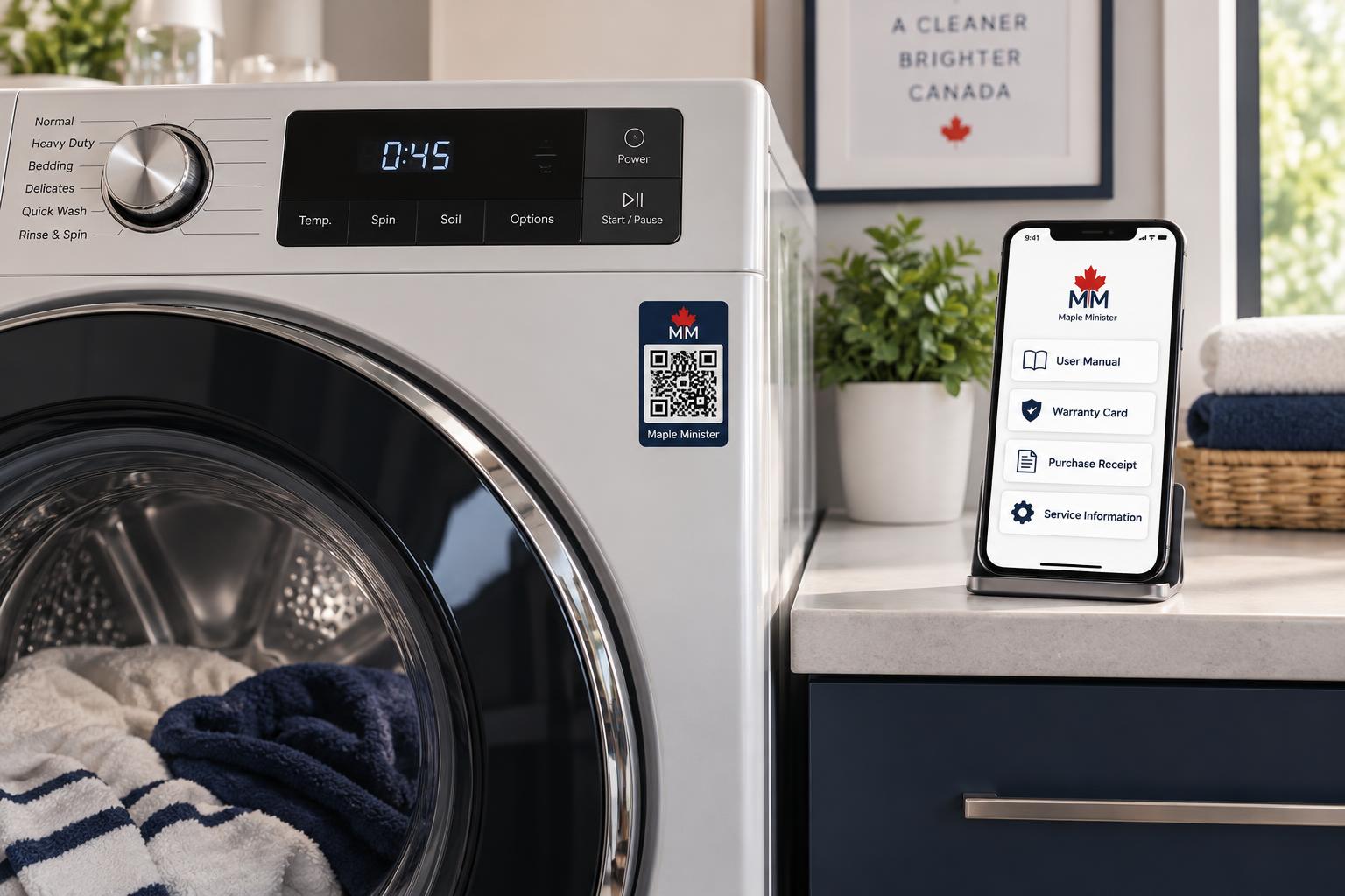 Washing machine with a Maple Minister QR label beside a phone showing appliance records